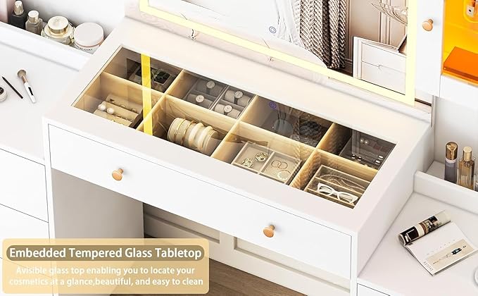 63" Makeup Vanity Desk with Mirror and Lights, Glass Top Makeup Vanity with Power Outlet, 3 Lighting Colors, 7 Drawers, 2 Cabinets for Bedroom, White