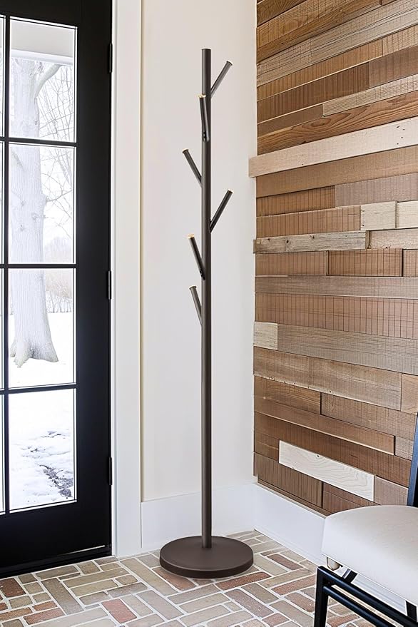 Kira Home Addison 68" Modern 6 Hook Free Standing Metal Coat Rack, Weighted Base, Gold Cap Accents + Oil-Rubbed Bronze Finish