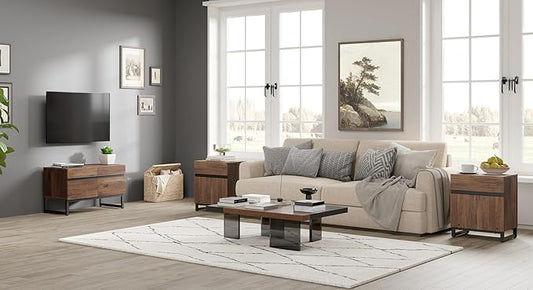 WAMPAT TV Stand and End Table Set of 3, Living Room Table Sets, 35 Inch TV Stand and 2 End Table Set with Drawers for Living Room, Entertainment Center, Console TV Table,Brown