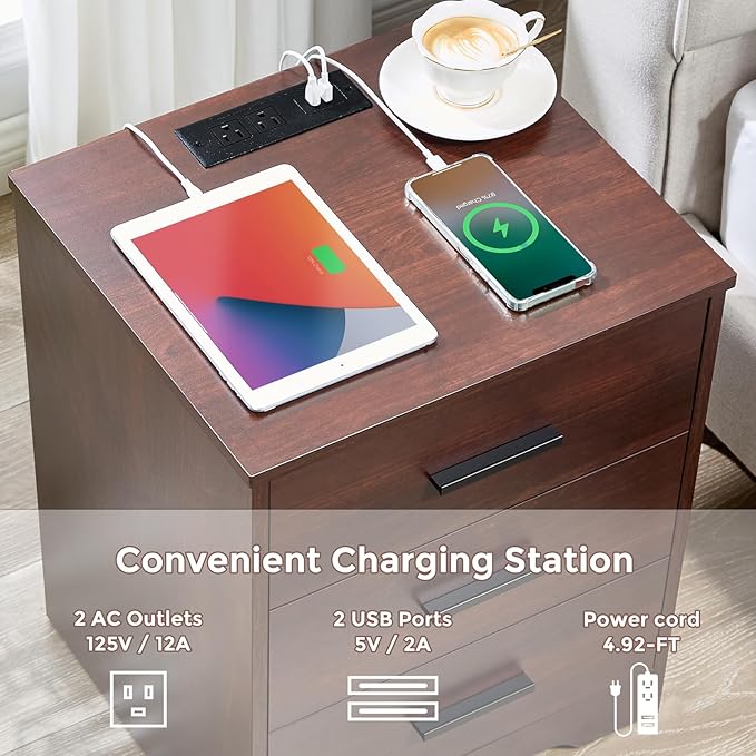 LIDYUK Dark Cherry Dresser for Bedroom, 3 Drawer Dressers & Chest of Drawers, Modern Wood Dresser with Charging Station, End Table Nightstand Bedside Table for Bedroom, Living Room