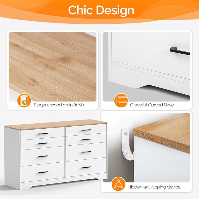 VINGLI 8 Drawer Dresser 56" Long Dresser White, Wood Dresser for Bedroom, Wood Dresser Chest of Drawers, Storage Dresser Cabinet, Modern Dresser, Large Dresser, Nursery Dresser, Brown Top