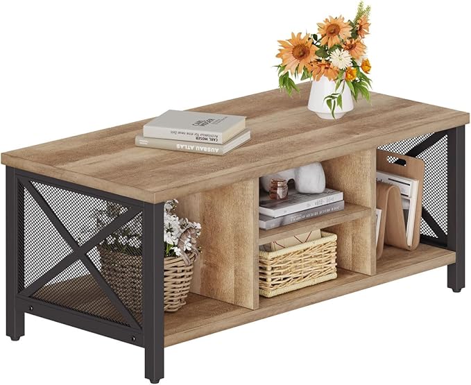 FATORRI Coffee Table for Living Room, Rustic Wood Center Table with Shelves, Farmhouse Rectangle Cocktail Tea Tables (Rustic Oak)