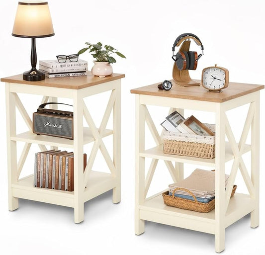 ALPHA HOME Side Table, Farmhouse End Table Set of 2, Bedside Table 3-Tier Storage Shelf for Small Spaces, Sofa Couch Table, Coffee Table, Nightstands Set for Living Room, Bed Room, Ivory