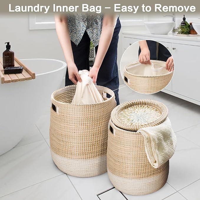2 Pack Laundry Baskets Hamper with Removable Laundry Bag, Pure Handwoven Storage Basket, Natural Seagrass Decorative Clothes Hamper for Living Room household, Toy Blanket Plant Organization