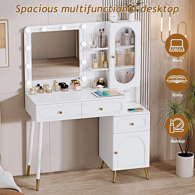 Vanity Desk with Mirror and Lights, with Power Outlet and 10 Lights Modern Capacity Makeup Vanity with 3 Drawers, Makeup Table for Bedroom,Makeup Room,White