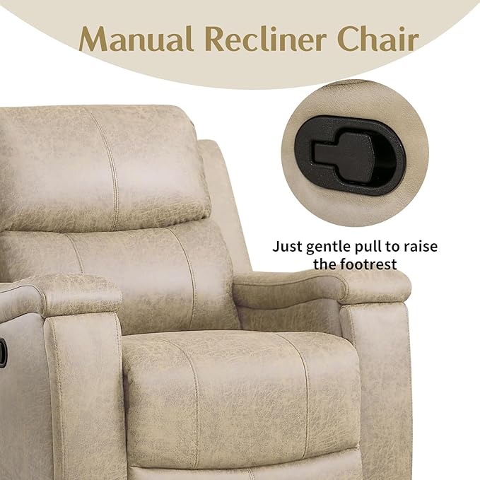 CANMOV Leather Recliner Chair, Classic and Traditional Manual Recliner Chair with Overstuffed Arms and Back, Manual Single Sofa with Concealed Cup Holders,Beige