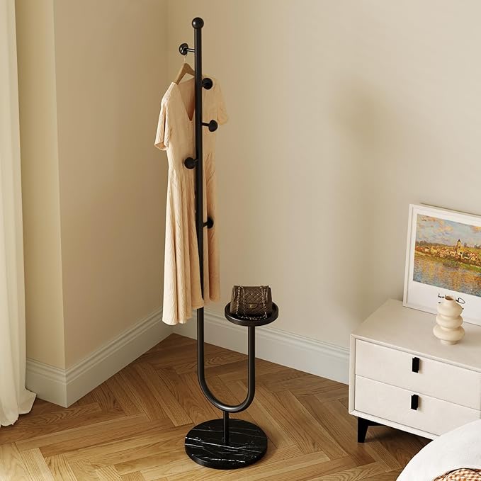 Coat Rack,Metal Free Standing Coat Stand with marble base, Hall Coat Tree with 6 Hooks and Storage Tray,68.9 Inch Tall, for Coats, Hats, Bags, for Entryway, Hallway, Bedroom (black)