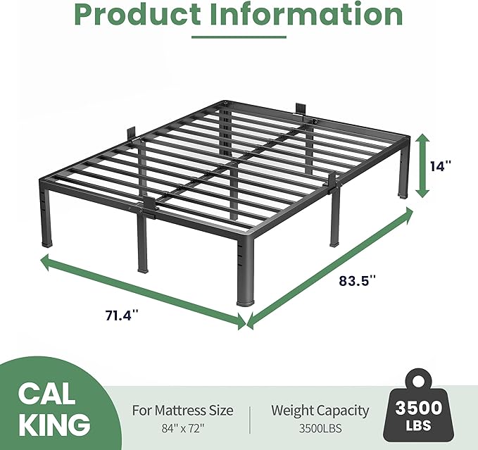 NKZ 14 Inch California King Bed Frame, Sturdy Metal Platform with Round Corner Legs, 3,500 lbs Heavy Duty Steel Slat Support, Easy Assembly, Noise Free, No Box Spring Needed