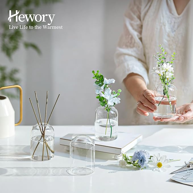 Hewory Glass Bud Vases for Centerpieces: Set of 24 Blown Clear Small Vase Bulk, Mini Cute Flower Vase for Floral Arrangement, Modern Decorations for Wedding Party Event Table Decor, 3.7"(H)×2.75"(D)