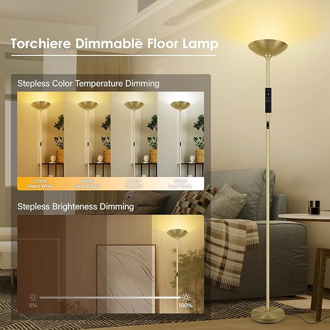 Stepless Dimmable Floor Lamp,30W 3000LM Super Bright LED Torchiere Floor Lamps with Remote & Touch Control,71 In Tall Modern Pole Standing Lamp for Living Room Bedroom Office,2700k-6500k,Golden