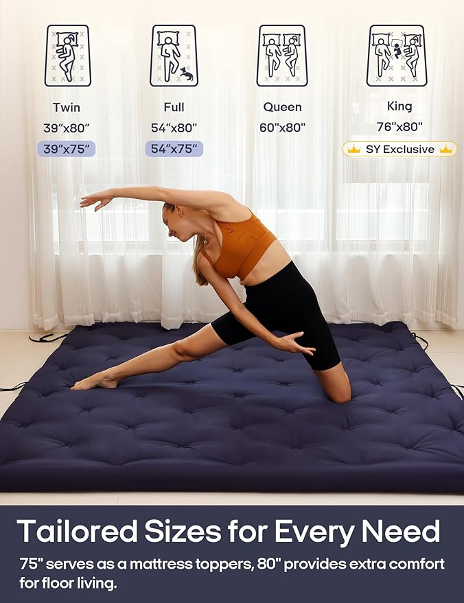 Syrinx Japanese Floor Futon Mattress, Foldable Tatami Sleeping Pad for Adults & Kids, Roll-Up Floor Bed or Bench Cushion