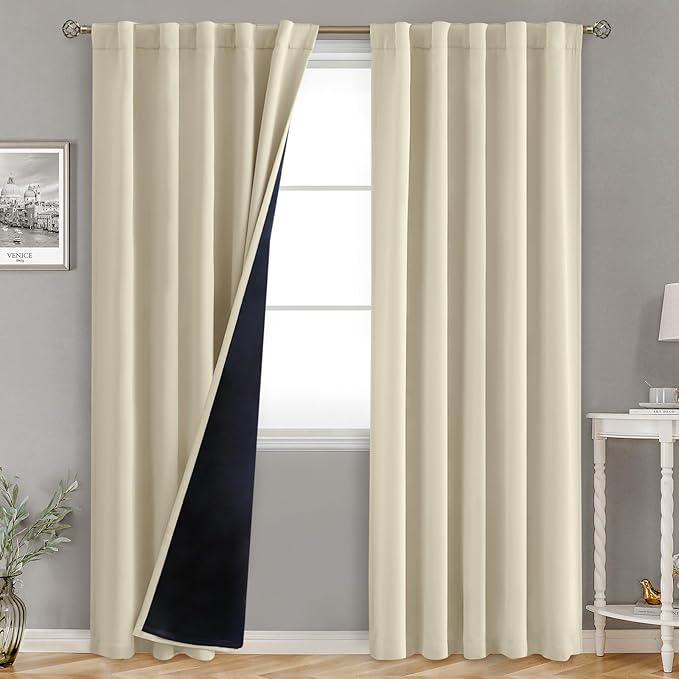 BGment Beige Full Blackout Curtains with Thermal Insulation Liner Curtains 84 Inches Long，Rod Pocket and Back Tab Double Layer Room Darkening Window Curtain for Bedroom(42 x 84 Inch, 2 Panels, Beige)