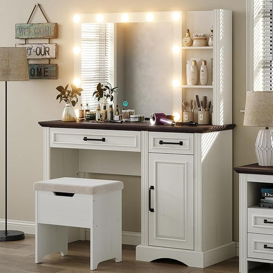Farmhouse Vanity Makeup Desk, 43" W Vanity Desk with Lights Mirror and Drawers for Makeup, Big Modern Table Set with Stool for Bedroom, Antique White