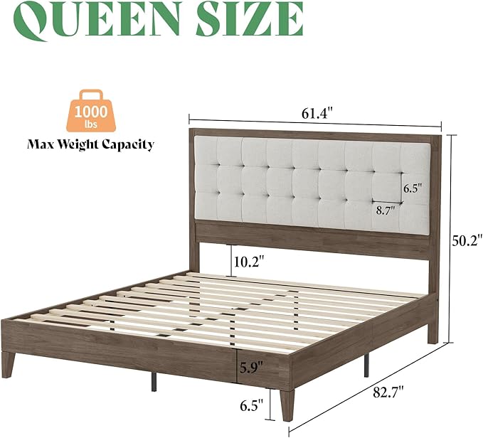 AMERLIFE Queen Size Solid Wood Bed Frame with Tufted Headboard, Mid-Century Style, No Box Spring Required, Easy Assembly, Ash Gray
