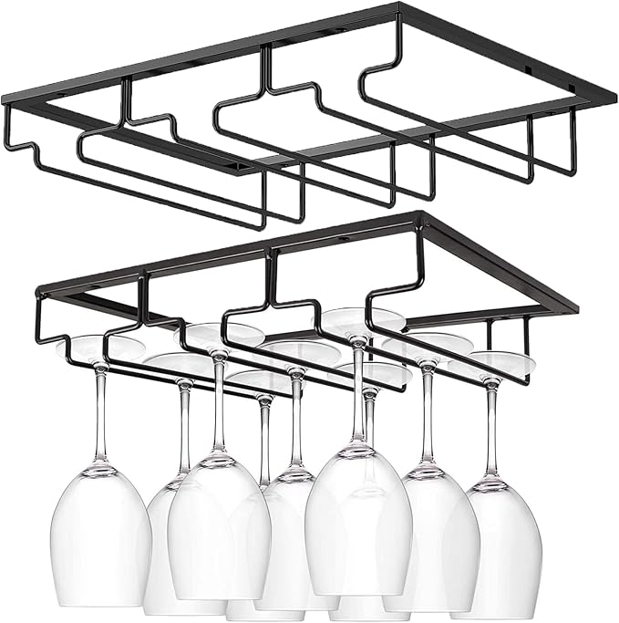Wine Cup Holder Table Decoration Storage Hanger Metal Organizer for Bar Kitchen Stemware Rack Under Cabinet Stainless Steel Hanger Storage Shelf Black (Black, 3 Rows 2 Packs)