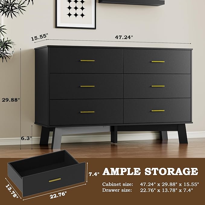 Dresser for Bedroom with 6-Drawer, 47.2" Modern Chest of Drawers with Metal Handles, X-Shape Base & Adjustable Center Leg, Anti-Tip Closet Organizers and Storage