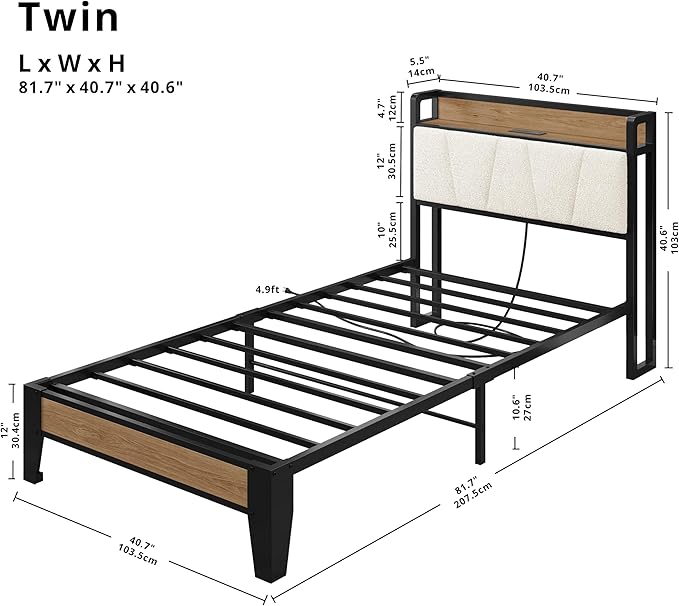 LIKIMIO Twin Bed Frames, Storage Headboard with Charging Station, Solid and Stable, Noise Free, No Box Spring Needed, Easy Assembly, Wood and Cream
