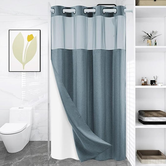 Small No Hook Shower Curtain with Snap in Liner, Polyester Textured Shower Curtain with Liner Set, Waterproof Washable Hotel Style Shower Curtains for Bathroom, 54Wx80H, Blue Grey
