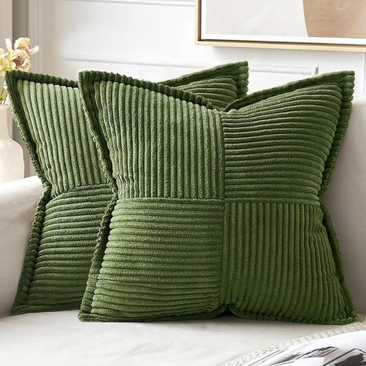 MIULEE Decorative Throw Pillow Covers for Couch Bed Livingroom 20x20 Inch Set of 2 Moss Green Boho Accent Throw Pllows Broadside Striped Patchwork Soft Corduroy Summer Pillowcases