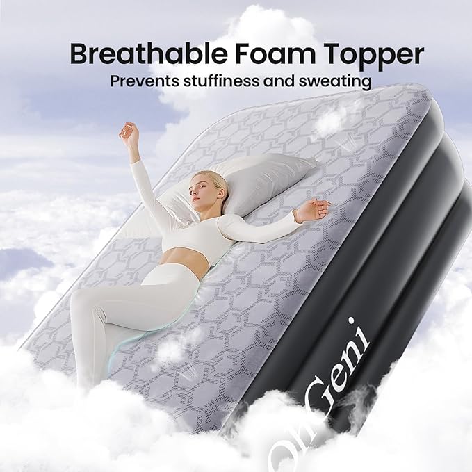 OhGeni 20" Luxury Twin Air Mattress with Built-in Pump, Inflatable Bed with Silk Foam Topper for Superior Comfort, Premium Blow-Up Mattress for Home, Camping & Guests, Easy Setup, Extra Support, Black