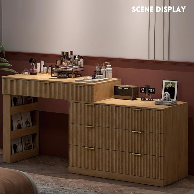 Fluted Vanity Desk with Flip Top Mirror and Lights, Wooden Makeup Vanity Desk with Glass Top & USB Ports, Modern Extendable Dressing Table with 9 Drawers Dresser and Cabinet, Dresser for Bedroom (Oak)