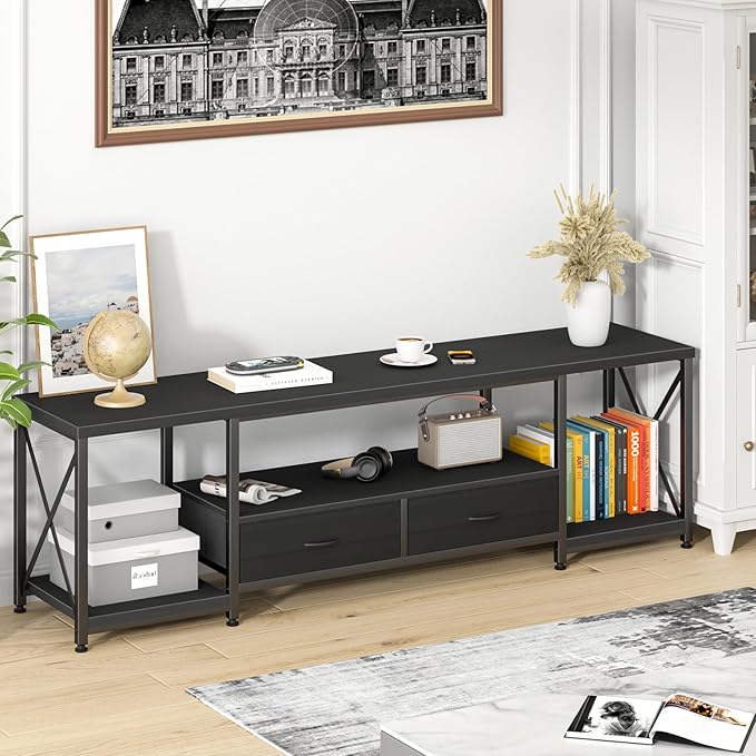 TV Stand with Fabric Drawers for 75 80 Inches TV - Entertainment Center and Industrial TV Console Table with Open Storage Shelves for Living Room, Bedroom- 71.5" Black