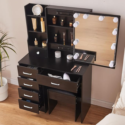 JBLCC Vanity Desk with Mirror and Lights, Black Makeup Vanity with 3-Color Lighted Sliding Mirror, 4 Drawers & Open Shelves, Small Vanity Table for Bedroom, Girls & Women