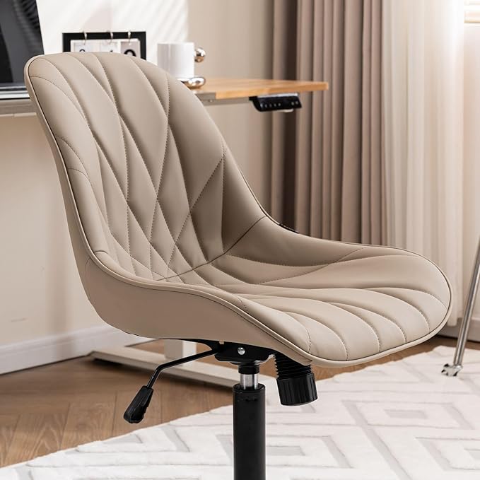 Rowill Modern Office Chair - Ergonomic Swivel Leather Desk Chair with Curved Backrest, Height Adjustable Rolling with Wheels, Perfect for Study Room & Office, Khaki