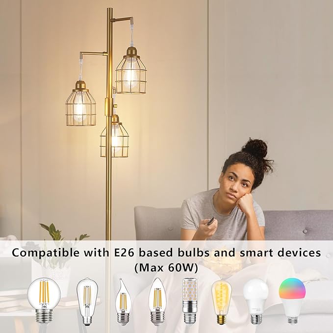 9MMML Golden Dimmable Floor Lamp,Industrial Gold Farmhouse Tall Standing Lamp for Living Room, Bedroom Office,3 Teardrop Cage Lampshade,3 LED Bulbs Inculded, 68'' Tall