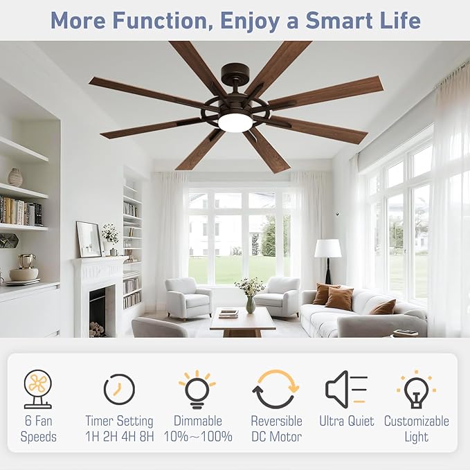 60 Inch Smart Ceiling Fan, Walnut Indoor/Outdoor Ceiling Fans with Lights and Remote, Compatible with Alexa/Google/App, 3CCT Dimmable 6 Speeds Timing for Living Room Bedroom Patio
