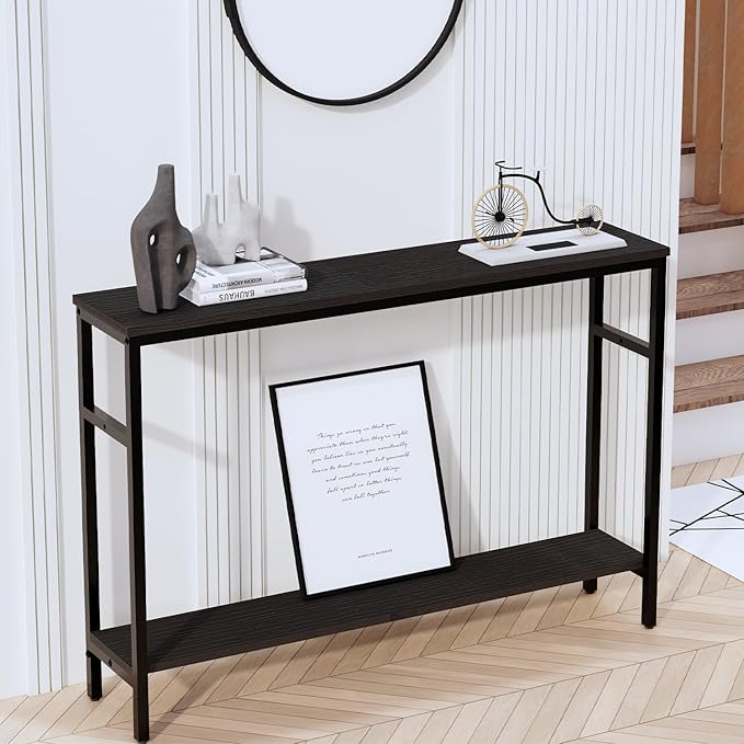 Narrow Console Table, 47 Inch Sofa Table with Adjustable Shelf, 2-Tier Long Skinny Table for Hallway, Entryway, Living Room, Foyer, Black
