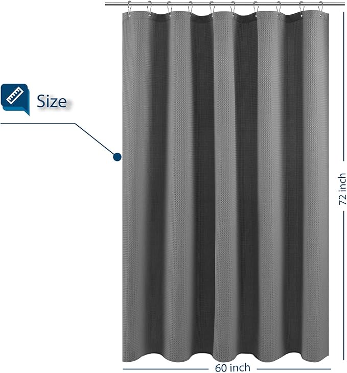 Shower Curtain Fabric 60 x 72 inch, Waffle Weave, Hotel Luxury Spa, 230 GSM Heavy Duty, Water Repellent, Machine Washable, Gray Pique Pattern Decorative Bathroom Curtain