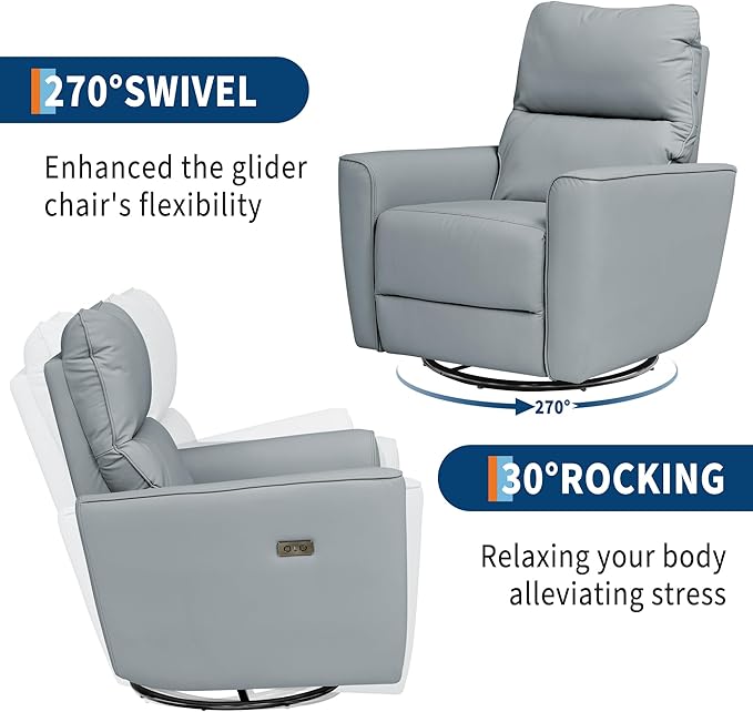 GarveeHome Power Recliner Chair Swivel Glider Upholstered Faux Leather Nursery Rocker Reclining Sofa Chair with Charging Port, Curved Armrests & Padded Backrest (Light Gray)