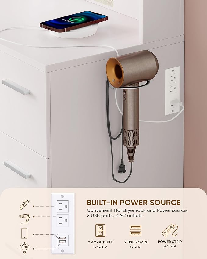 Large Makeup Vanity Desk, 43.3”W x 15.7“D x 53.2”H, White (Large Desktop, Samrt LED Mirror, 4 Open Shelves, 7 Drawers, Hairdryer Rack, Power-Outlet)