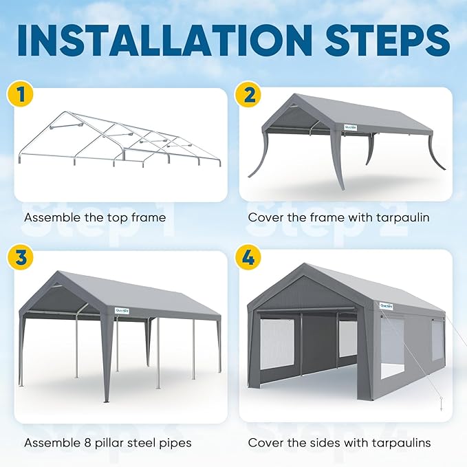 Quictent 12x20 ft Heavy Duty Carport Canopy Galvanized Car Tent Outdoor Garage Boat Shelter with Reinforced Structure with Roll-up Ventilated Windows Sidewall - Gray
