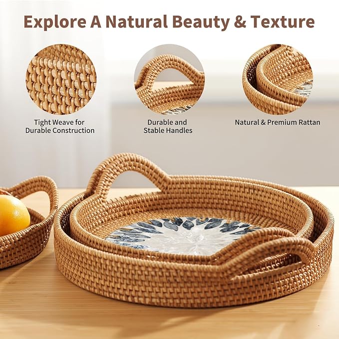 3 Pack Round Rattan Tray, Natural Handwoven Rattan Serving Tray with Mother Pearl Inlay Base, Decorative Boho Coffee Table Trays with Handles, Wicker Organizer for Snacks, Jewelry, Candles, Vanity