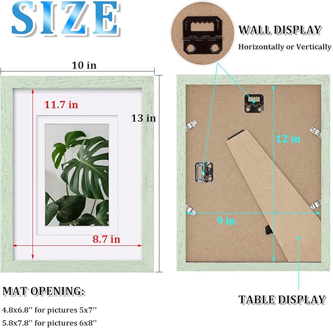 Egofine 9x12 Picture Frame Made of Solid Wood Covered by Plexiglass, Wood Frame for Pictures 5x7/6x8 with Mat or 9x12 without Mat, Tabletop and Wall Mounting Display, Rustic Green