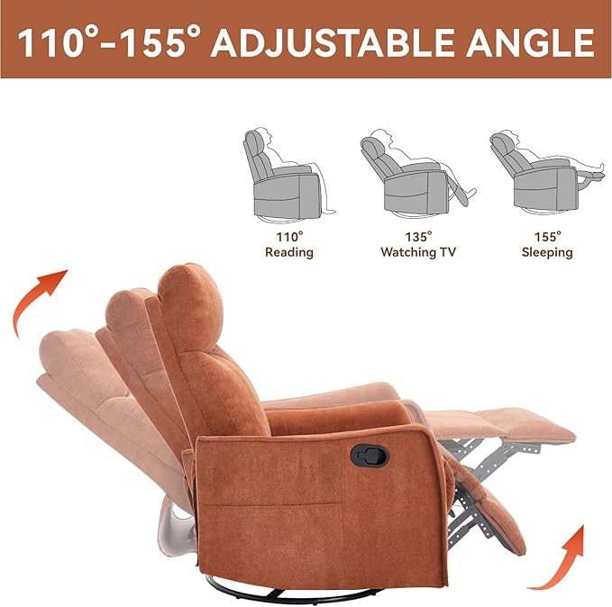 Massage Rocker Swivel Recliner Chair for Adults, Manual Recliner Glider with Lumbar Heating, Technical Flannel Fabric Nursery Glider Rocking Chair with Vibration Massage for Living Room - Orange