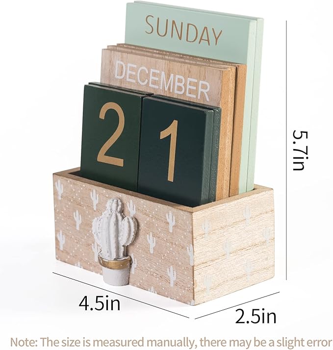 Perpetual Desk Calendar, Wooden Calendar Vintage Office Supplies Block Home Office Aesthetic Boho Desk Accessories Green Cactus Decor Gift