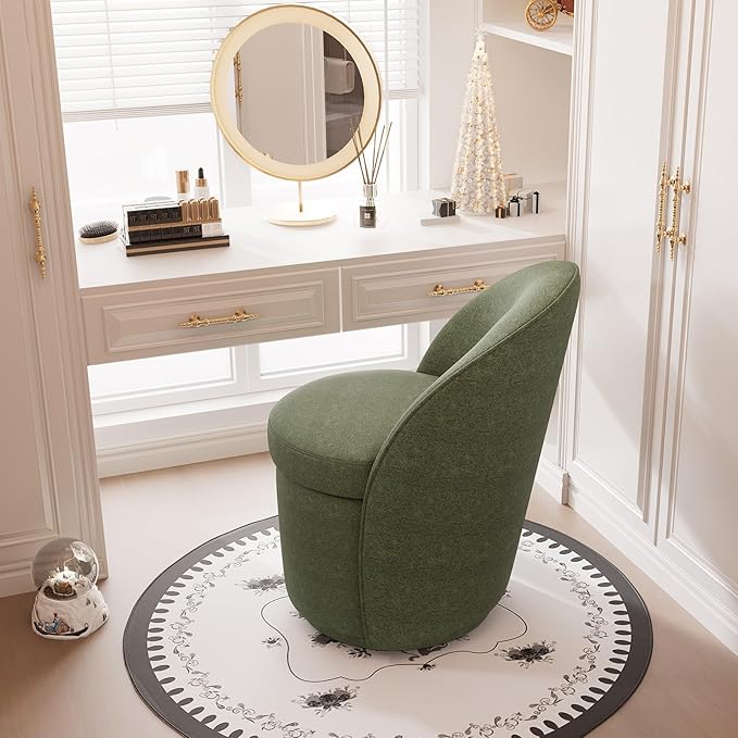 YOUNIKE Vanity Bench Boucle Fabric Green Solid Wood Swivel Accent Chair with Backrest Easy Assembly Dressing Stool for Bedroom & Makeup Room