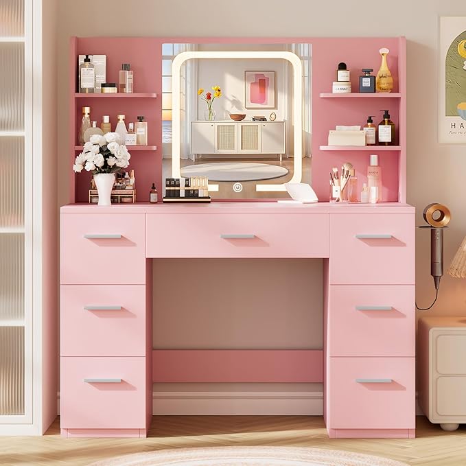 Large Makeup Vanity Desk, 43.3“W x 15.7”D x 53.2“H, Pink (Large Desktop, Samrt LED Mirror, 4 Open Shelves, 7 Drawers, Hairdryer Rack, Power-Outlet)