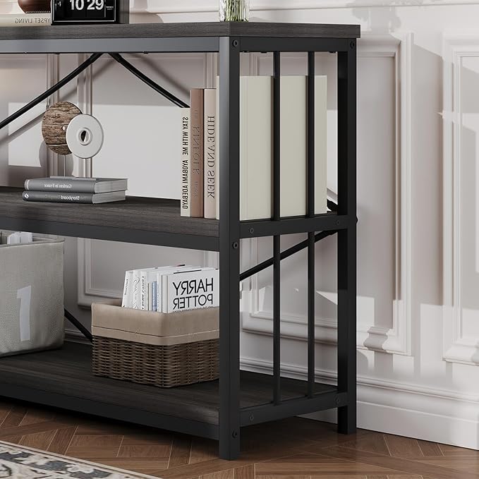 HSH Long Bookcase, Wood Metal Large Low Horizontal Book Shelf for Bedroom, Modern Open 3 Tier Etagere Bookshelf with Storage, Under Window Bookshelves for Home Office Living Room, Dark Gray, 70 Inch