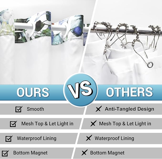 No Hook Shower Curtain with Snap in Liner - Eucalyptus Shower Curtain - Washable Waterproof Inner Liner, Plants Green Leaves Modern Shower Curtains - Machine Washable, 71 x 80