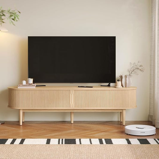 LINSY 70" Fluted TV Stand, Modern Entertainment Center for TVs Up to 80 inches, TV Console with Sliding Doors, Curved Profile Design, Media Console for Living Room, Light Wood