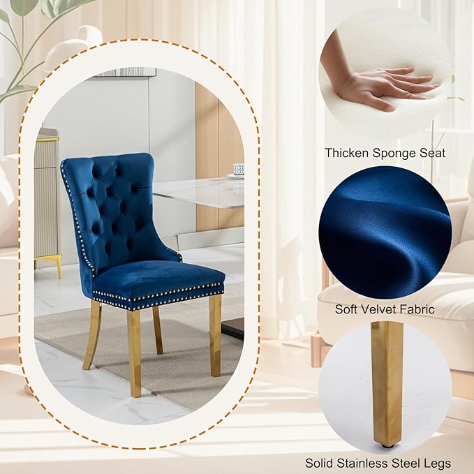 3-Piece Faux Marble Round Dining Table Set for 2, Modern Luxury Kitchen Table Set for 2 with Blue Tufted Chairs,Circle Dining Tables with Pandora Grain Top and Bronze Pedestal Base