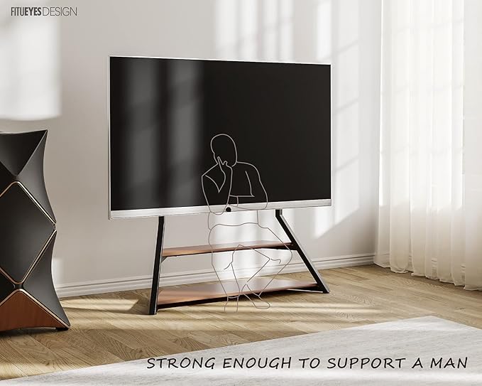 FITUEYES Design Large TV Floor Stand for 75 77 85 86 90 100 Inch TVs, Heavy Duty TV Stand Mount with Large Wood Entertainment Shelf, Modern Living Room Television Stands, Up to 187 lbs, Eiffel Series