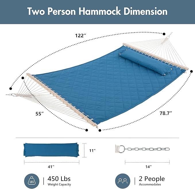 ANOW Quilted Hammock with Spreader Bars and Detachable Pillow, Large Hammock for Outdoors Indoors, 450 LBS Weight Capacity, Blue