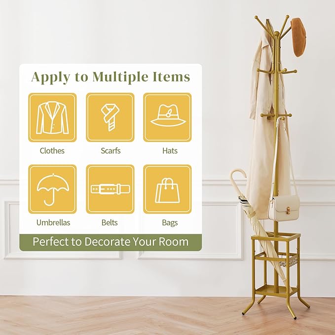 Yoobure Coat Rack Freestanding - Coat Tree with Umbrella Holder, Metal Coat Rack Stand with 12 Hooks, Modern Coat Hanger Stand for Entryway, Purse Rack Hat Rack Stand for Living Room Bedroom Office