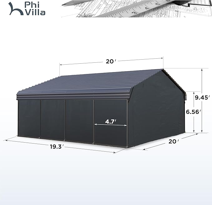 PHI VILLA 20 x 20 ft Carport 2 car Metal Carport Tent with Galvanized Steel Roof with Sidewalls Enclosure Kit, Sturdy Heavy Duty Metal Storage Shed for Cars, Boats, and Tractors