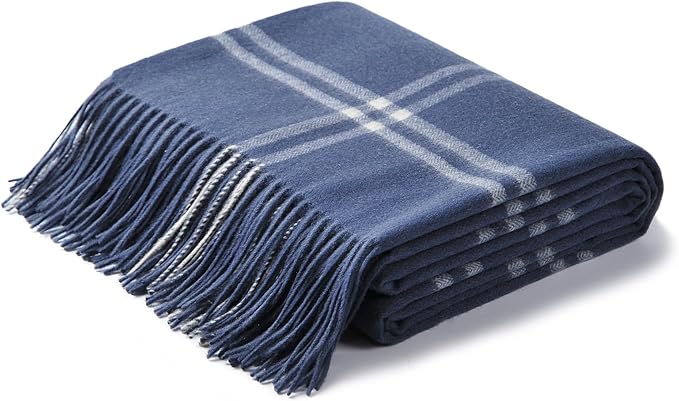 CUDDLE DREAMS Premium Cashmere Throw Blanket with Fringe, Luxuriously Soft (Plaid Blue)